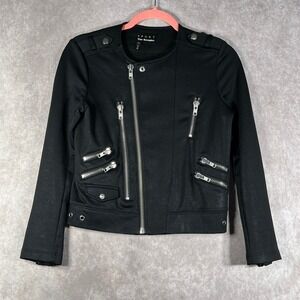 The Kooples Sport Moto Jacket Womens Size XS Black Biker Cropped‎ Edgy Pockets